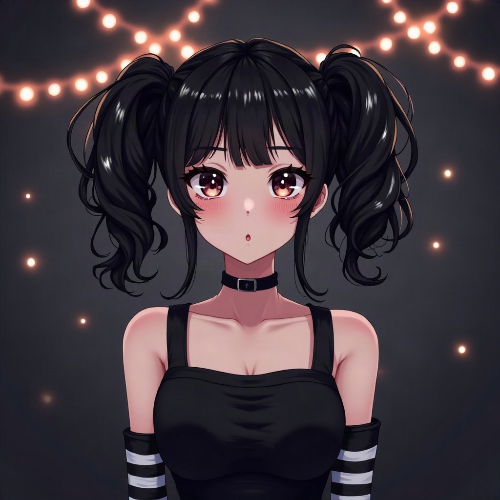 egirl pfp — black pigtails with white streaks, striped arm warmers visible, dark room with fairy lights bokeh