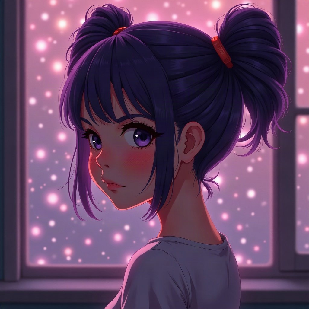 egirl pfp — purple twin buns, tiny cross hair clips, dark room with fairy lights bokeh