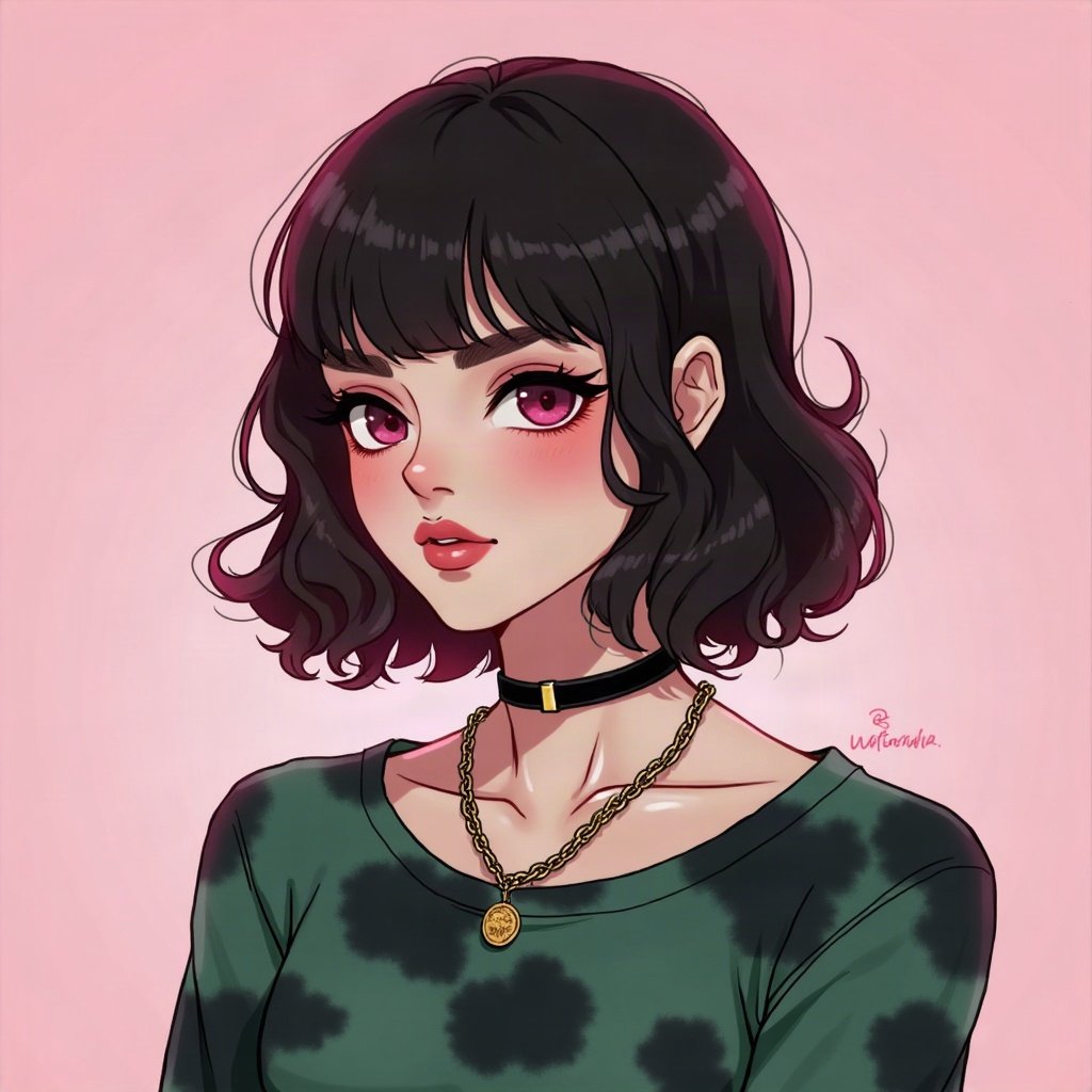 egirl pfp — green and black split-dye, chain choker necklace, soft pink glow background