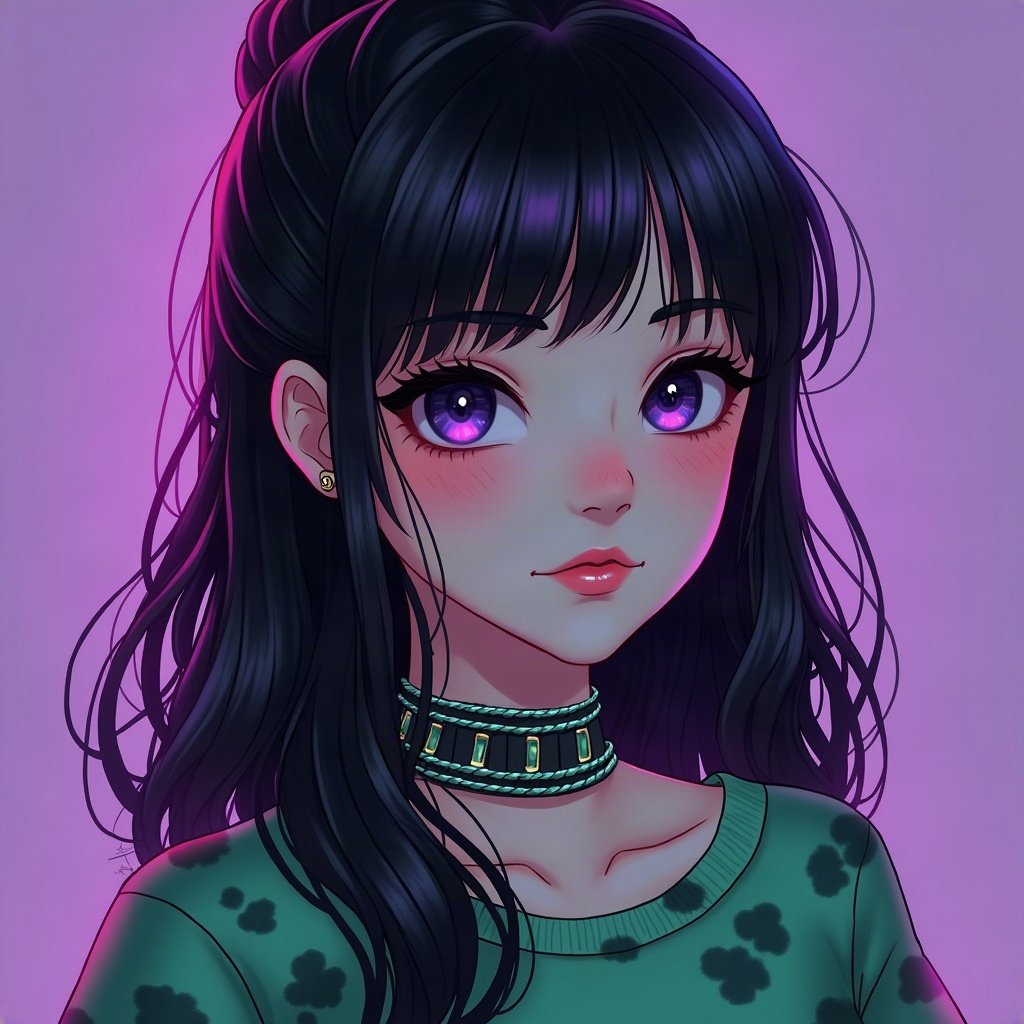 egirl pfp — green and black split-dye, chain choker necklace, purple led glow