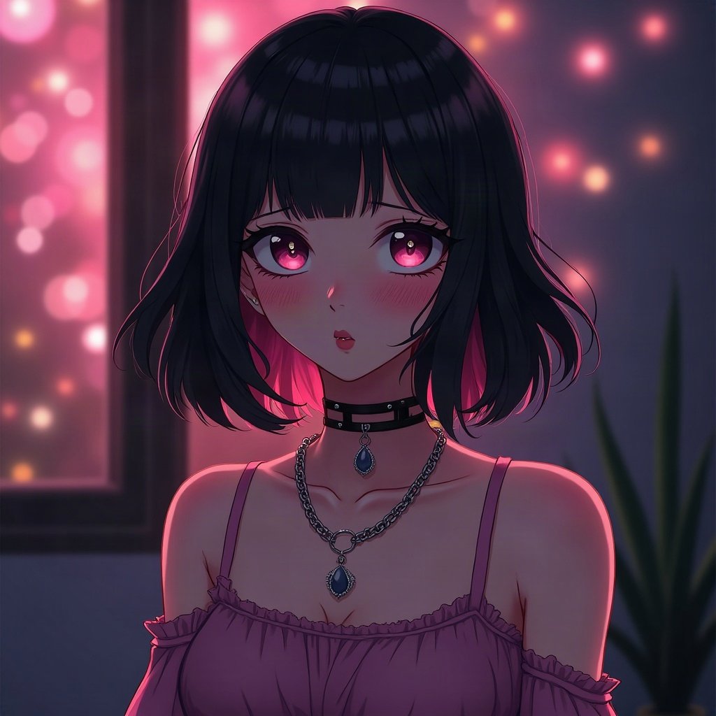 egirl pfp — half black half pink split-dye hair, chain choker necklace, dark room with fairy lights bokeh