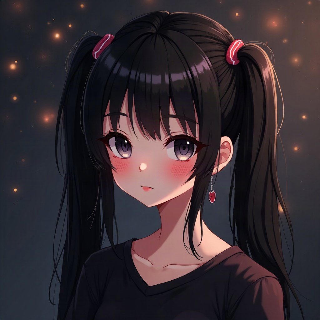 egirl pfp — black pigtails with white streaks, small heart stamps under eyes, dark room with fairy lights bokeh