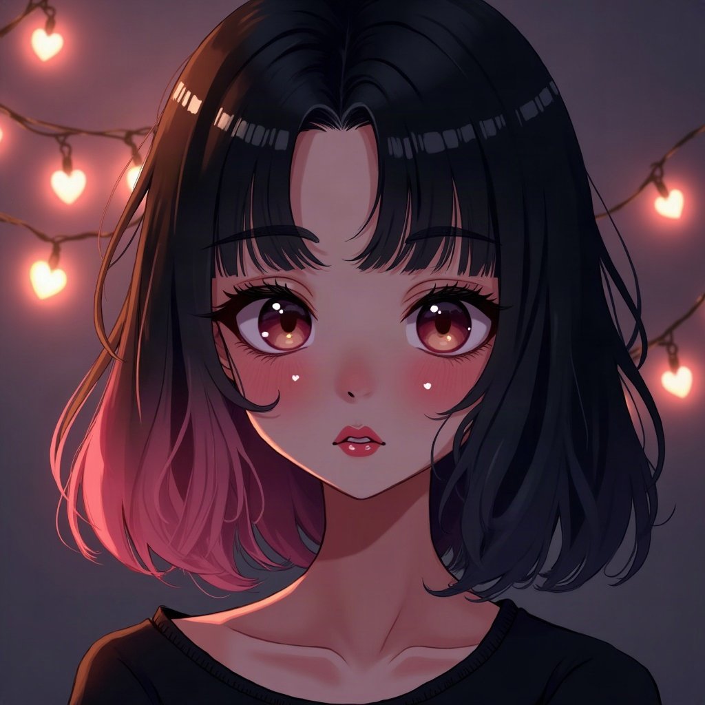 egirl pfp — half black half pink split-dye hair, small heart stamps under eyes, dark room with fairy lights bokeh