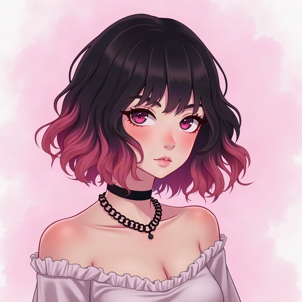 egirl pfp — half black half pink split-dye hair, chain choker necklace, soft pink glow background