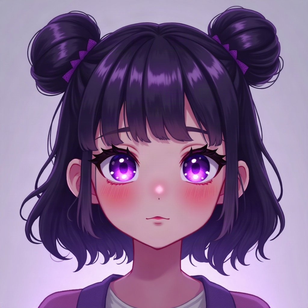 egirl pfp — purple twin buns, small heart stamps under eyes, purple led glow