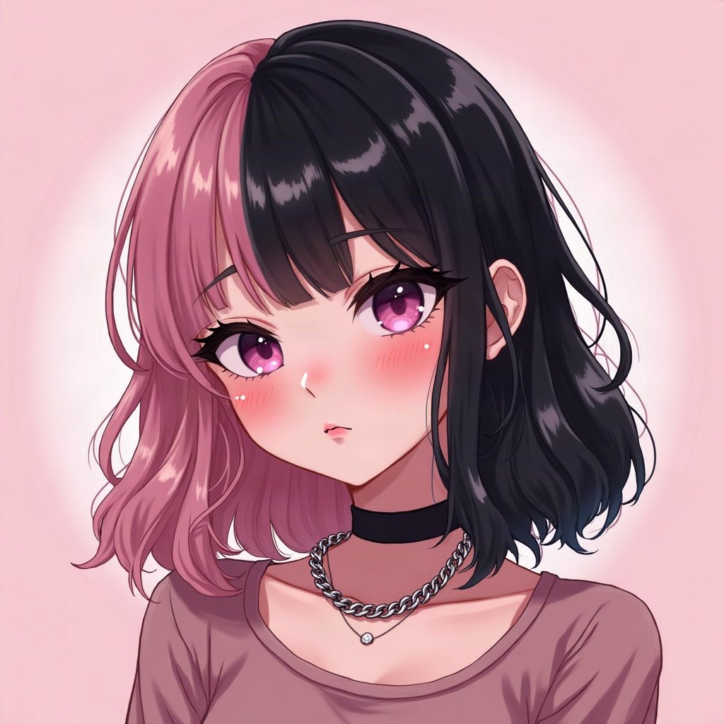 egirl pfp — half black half pink split-dye hair, chain choker necklace, soft pink glow background
