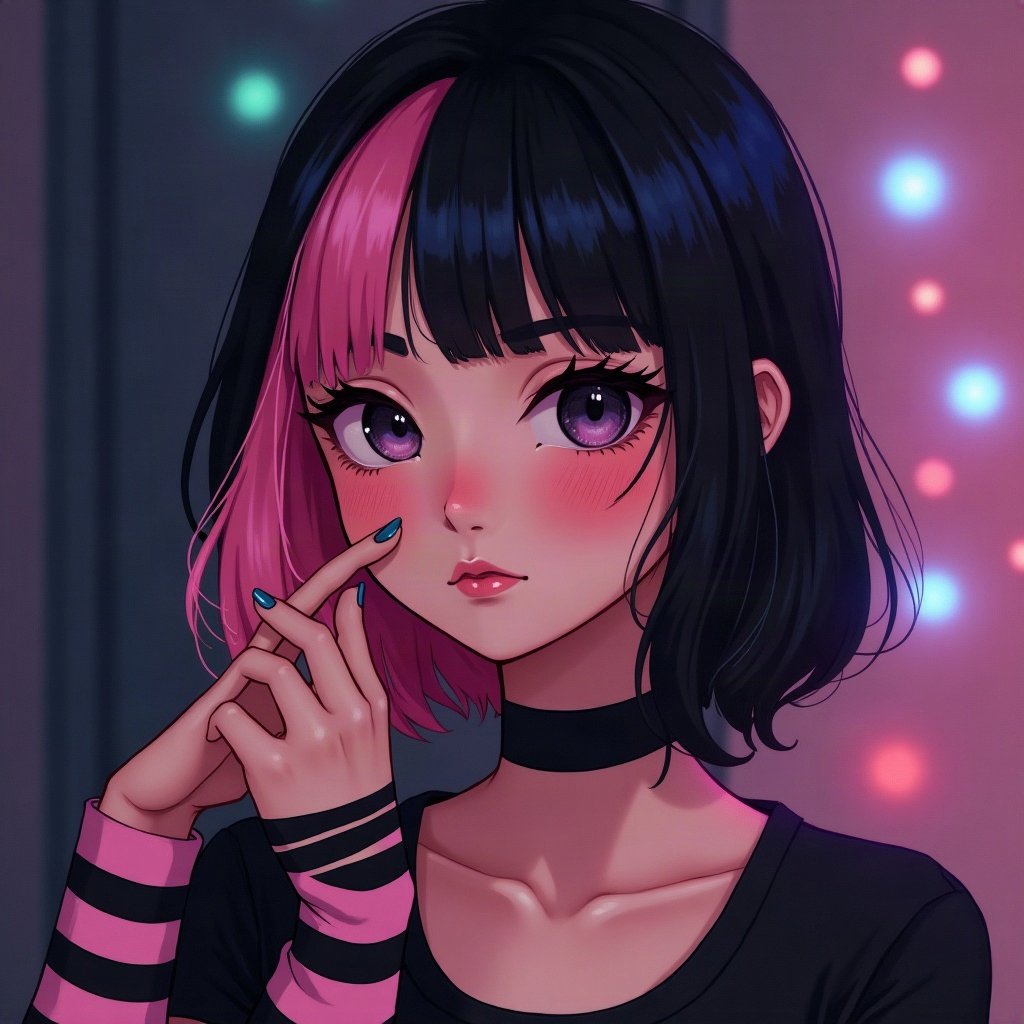 egirl pfp — half black half pink split-dye hair, striped arm warmers visible, dark room with fairy lights bokeh