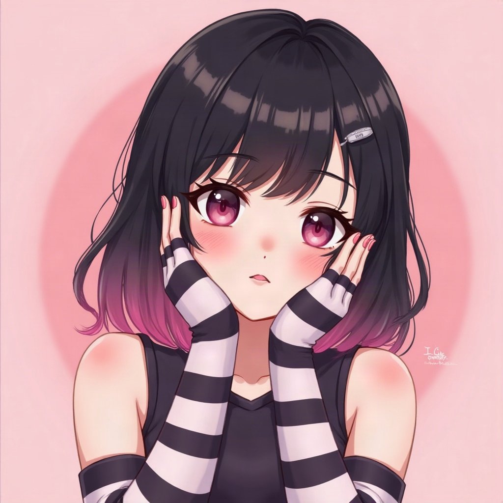 egirl pfp — half black half pink split-dye hair, striped arm warmers visible, soft pink glow background