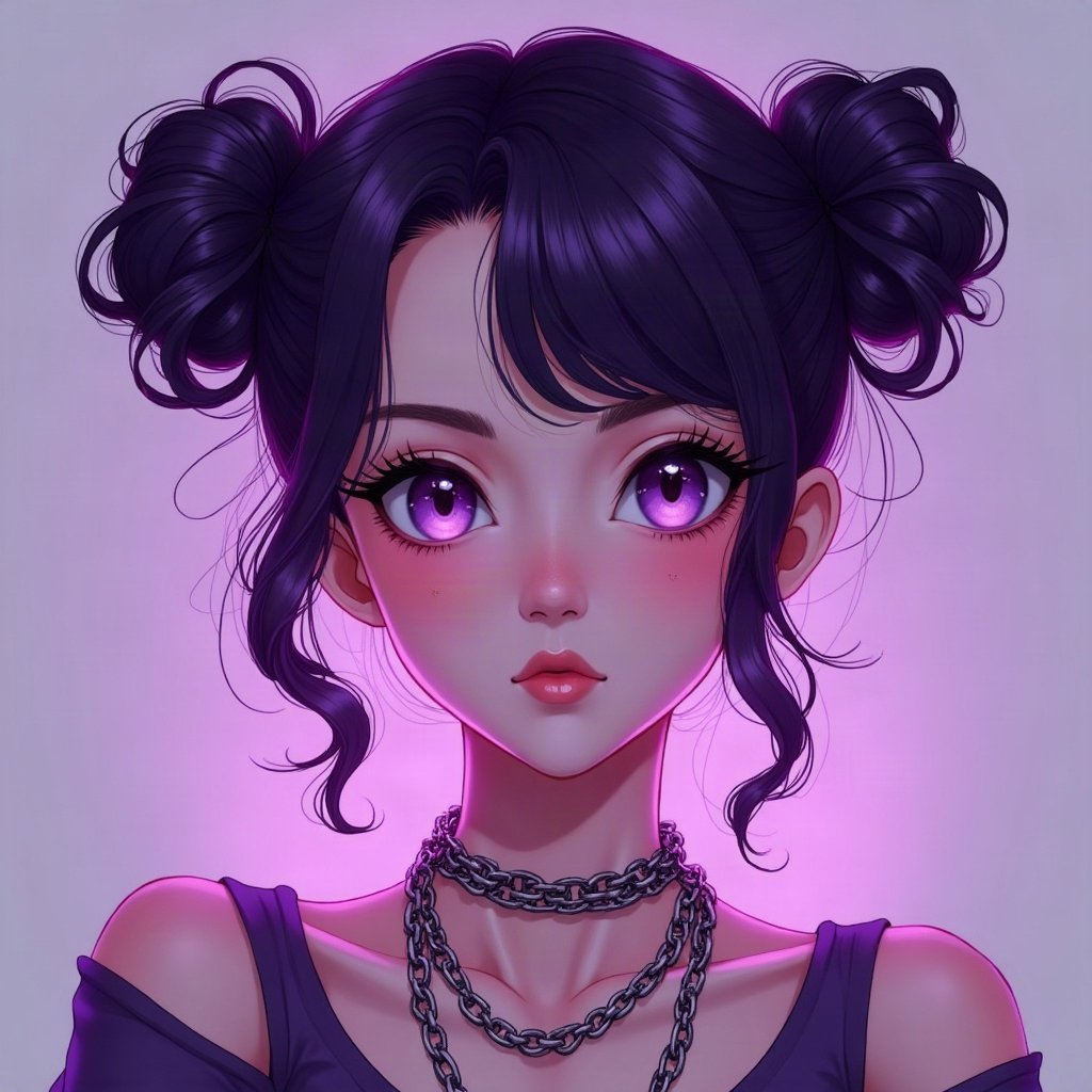 egirl pfp — purple twin buns, chain choker necklace, purple led glow