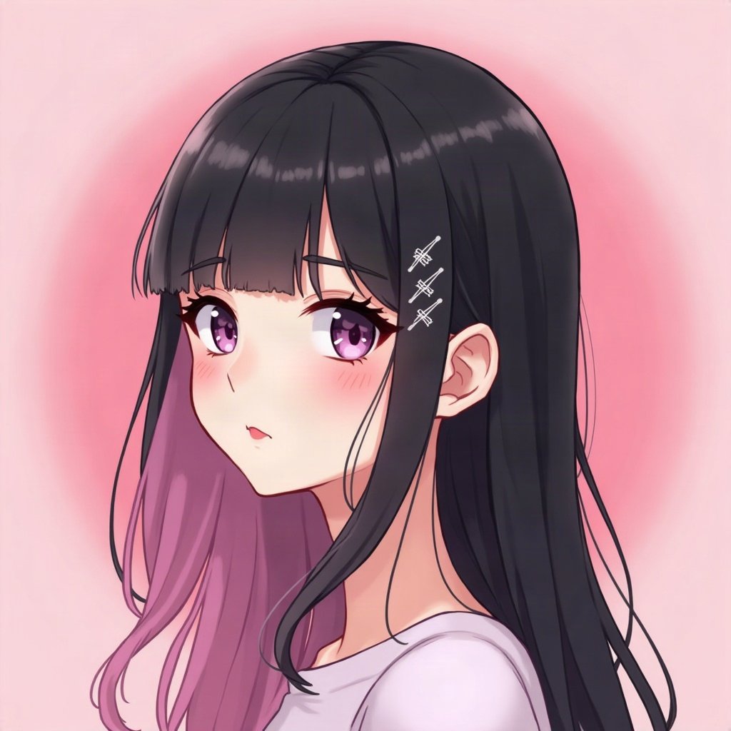 egirl pfp — half black half pink split-dye hair, tiny cross hair clips, soft pink glow background