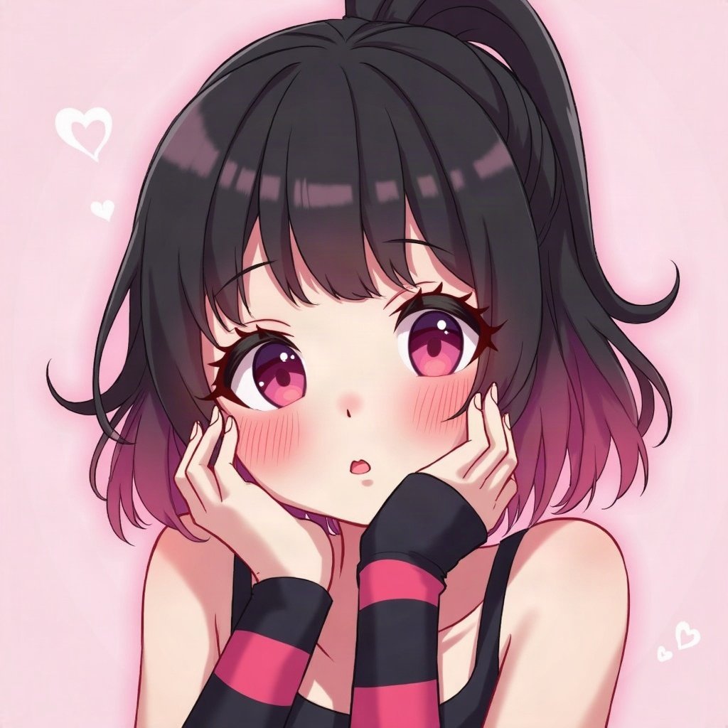 egirl pfp — half black half pink split-dye hair, striped arm warmers visible, soft pink glow background