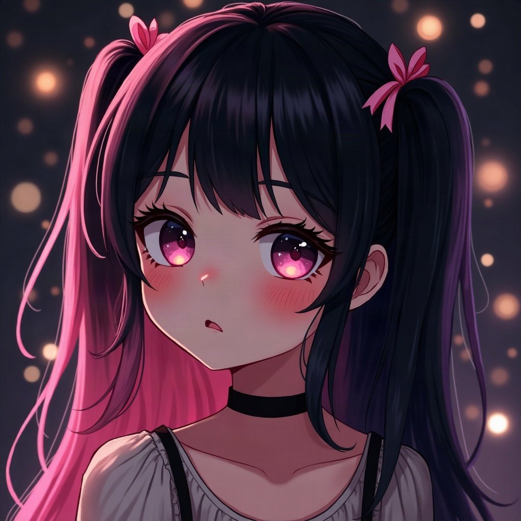 egirl pfp — half black half pink split-dye hair, tiny cross hair clips, dark room with fairy lights bokeh