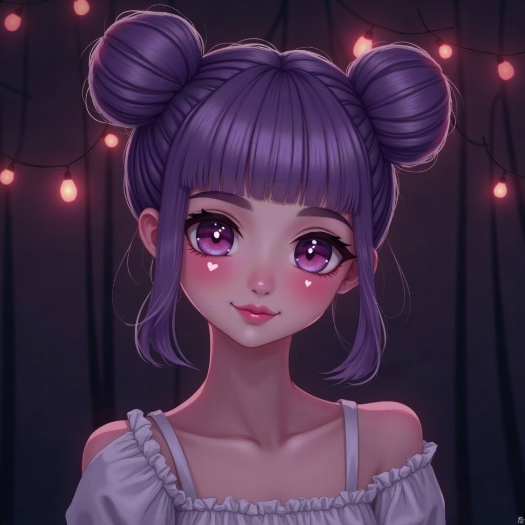 egirl pfp — purple twin buns, small heart stamps under eyes, dark room with fairy lights bokeh