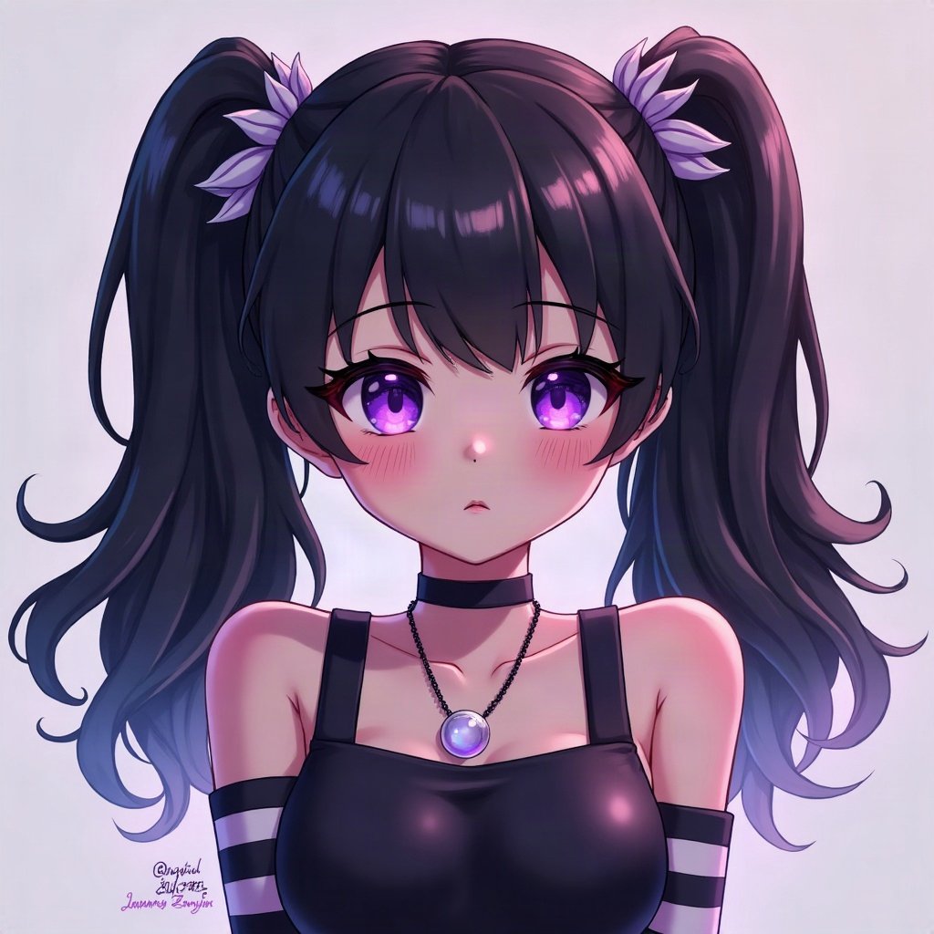 egirl pfp — black pigtails with white streaks, striped arm warmers visible, purple led glow