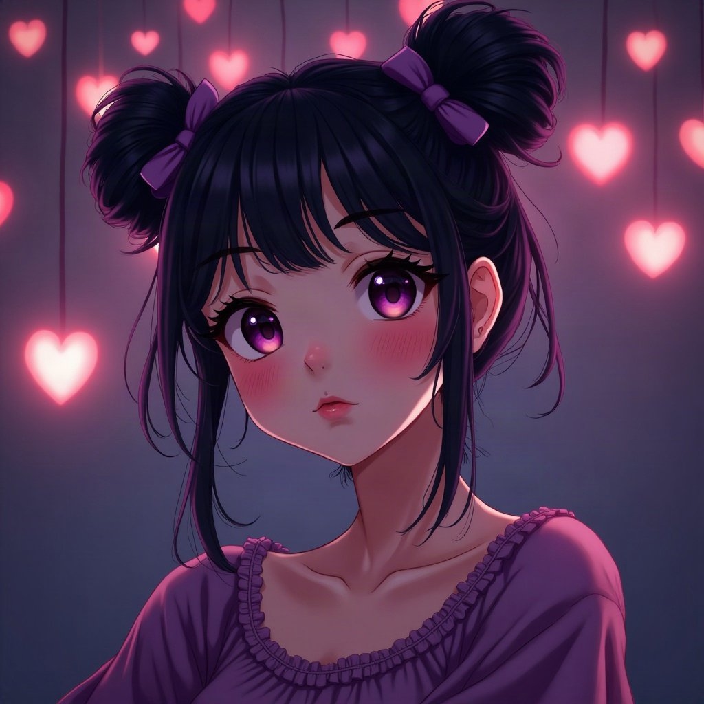 egirl pfp — purple twin buns, small heart stamps under eyes, dark room with fairy lights bokeh
