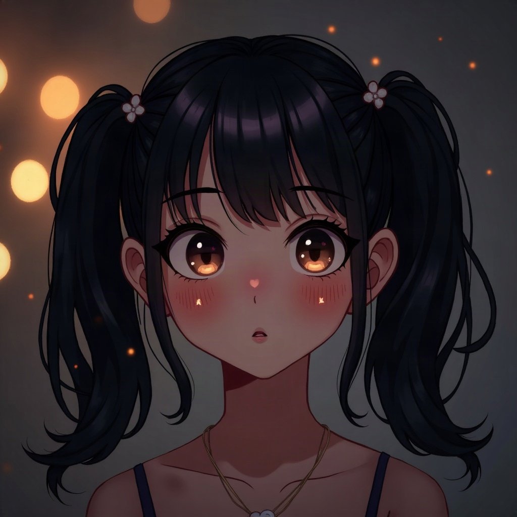 egirl pfp — black pigtails with white streaks, small heart stamps under eyes, dark room with fairy lights bokeh