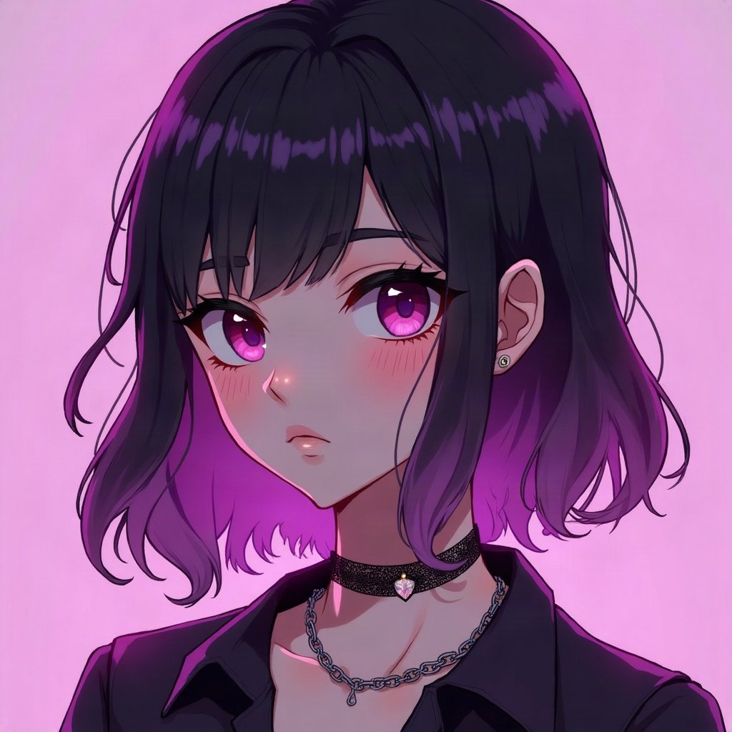 egirl pfp — half black half pink split-dye hair, chain choker necklace, purple led glow