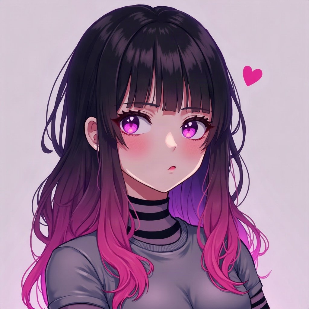 egirl pfp — half black half pink split-dye hair, striped arm warmers visible, purple led glow