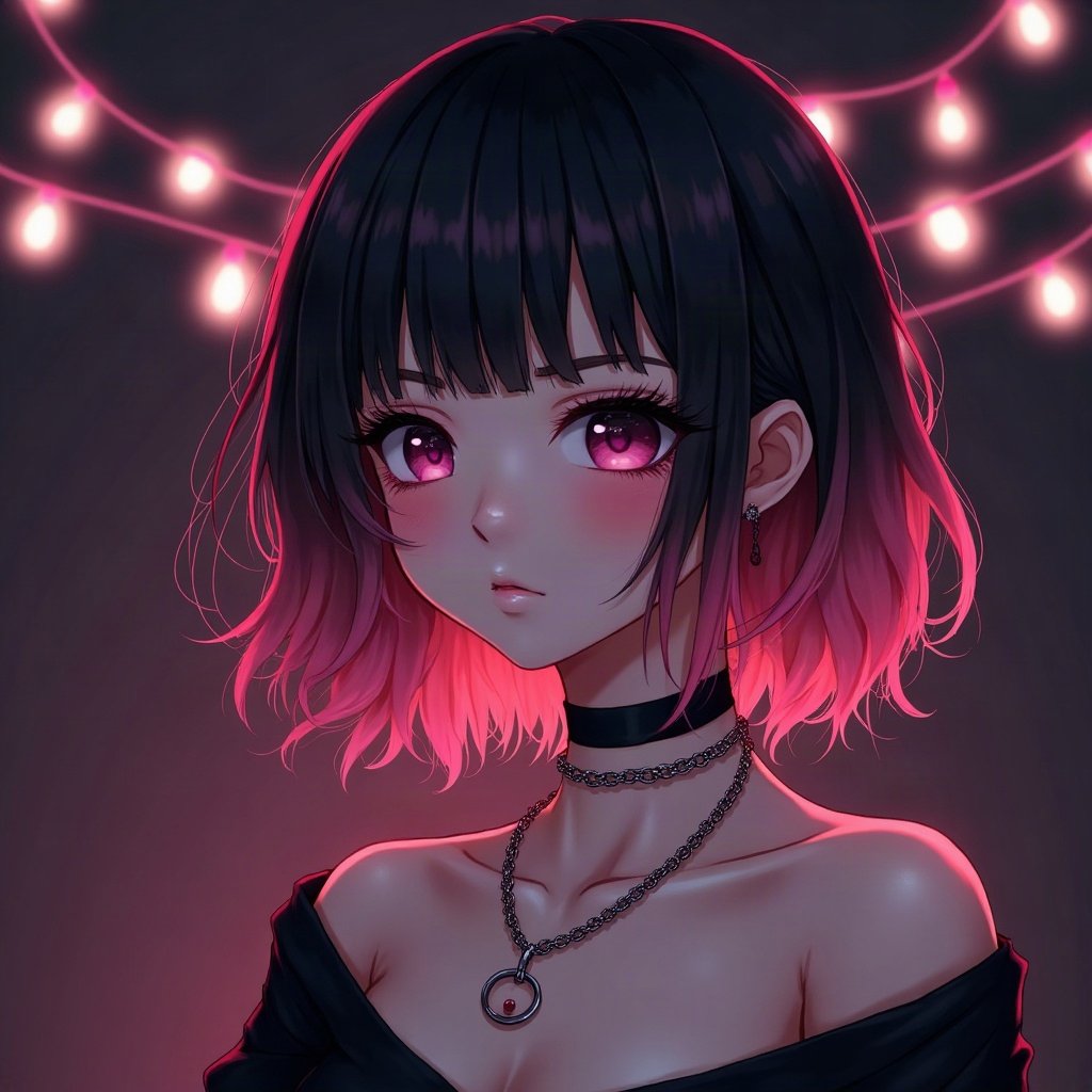 egirl pfp — half black half pink split-dye hair, chain choker necklace, dark room with fairy lights bokeh