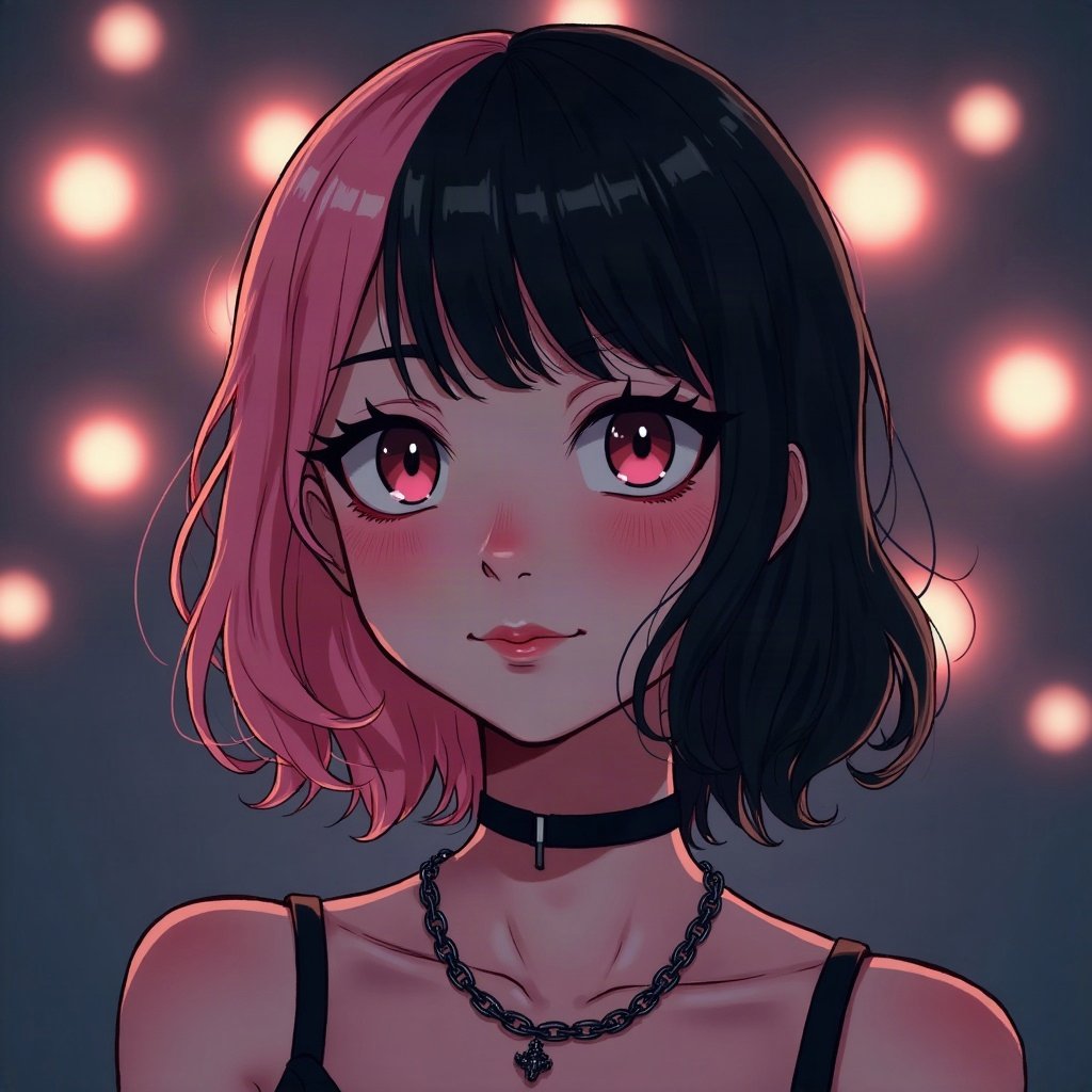 egirl pfp — half black half pink split-dye hair, chain choker necklace, dark room with fairy lights bokeh