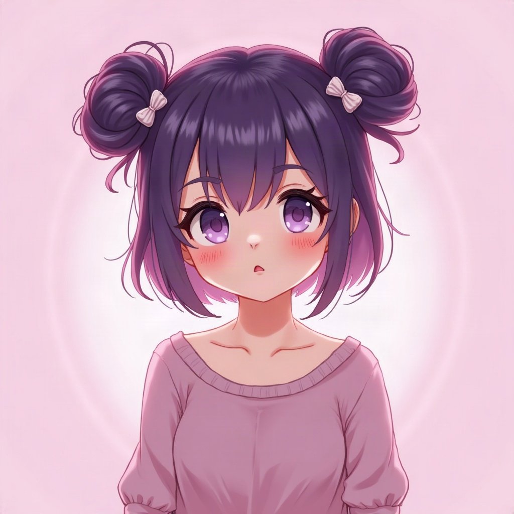 egirl pfp — purple twin buns, tiny cross hair clips, soft pink glow background