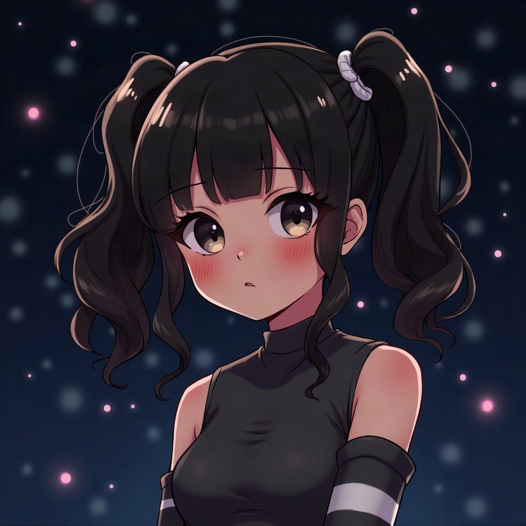 egirl pfp — black pigtails with white streaks, striped arm warmers visible, dark room with fairy lights bokeh
