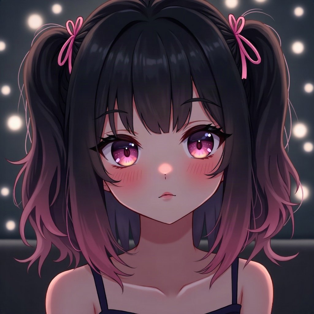 egirl pfp — half black half pink split-dye hair, tiny cross hair clips, dark room with fairy lights bokeh