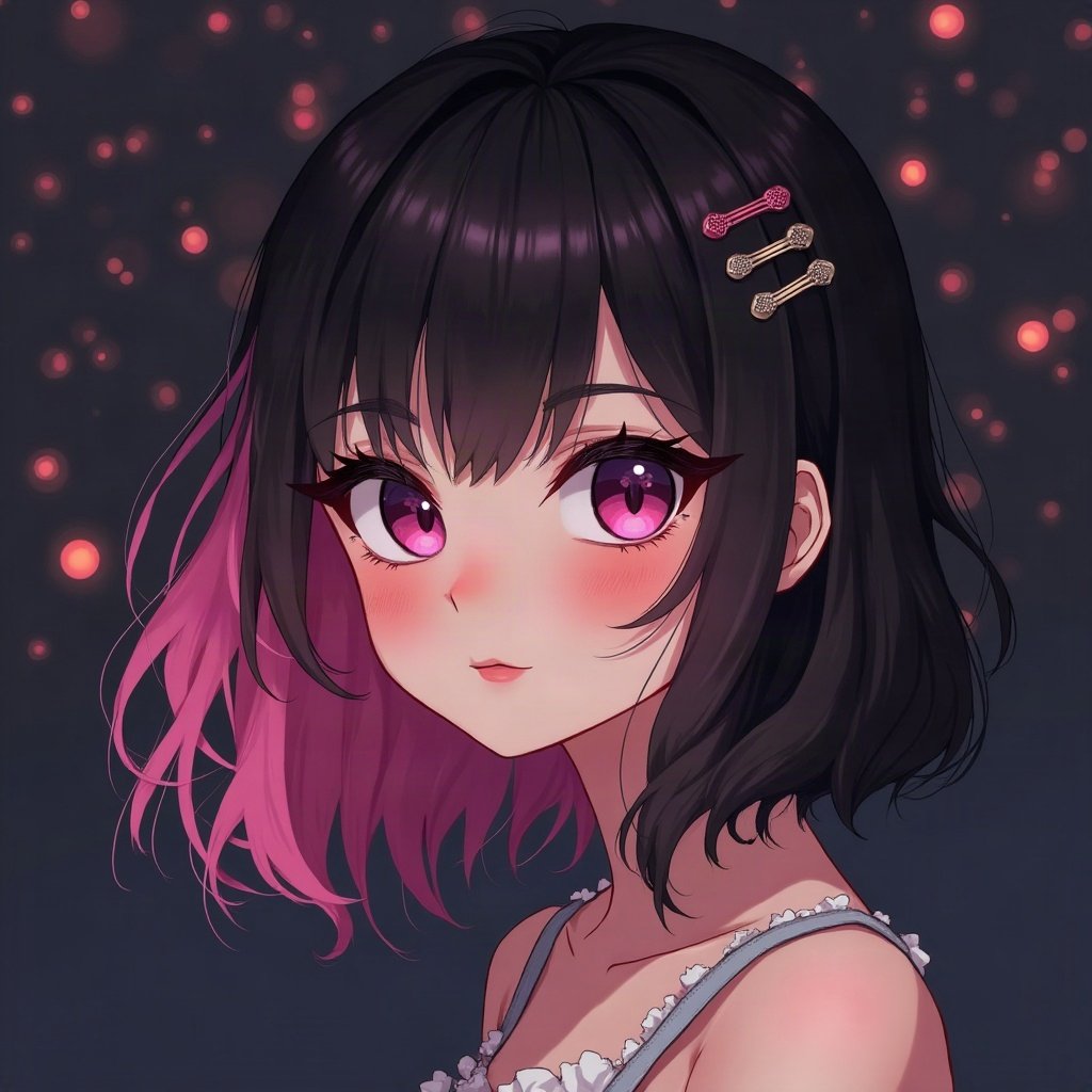 egirl pfp — half black half pink split-dye hair, tiny cross hair clips, dark room with fairy lights bokeh