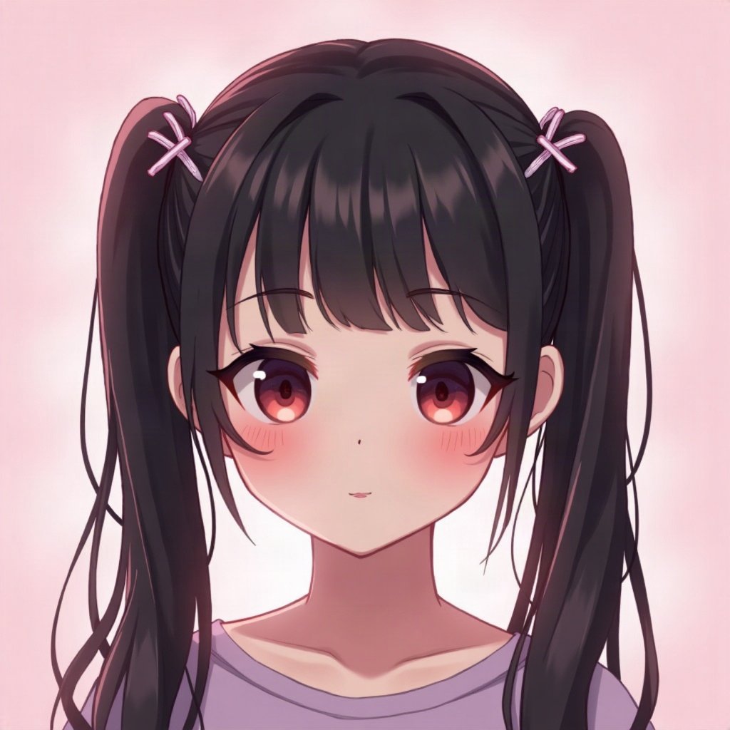 egirl pfp — black pigtails with white streaks, tiny cross hair clips, soft pink glow background
