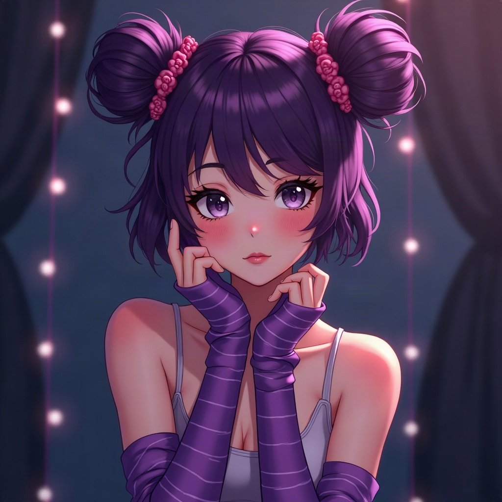 egirl pfp — purple twin buns, striped arm warmers visible, dark room with fairy lights bokeh