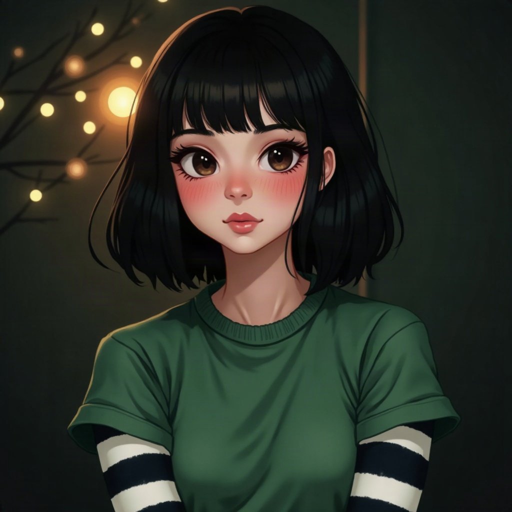 egirl pfp — green and black split-dye, striped arm warmers visible, dark room with fairy lights bokeh