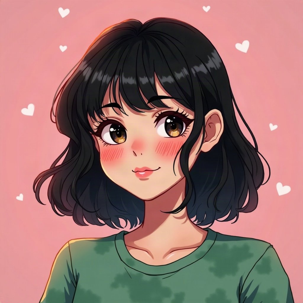 egirl pfp — green and black split-dye, small heart stamps under eyes, soft pink glow background