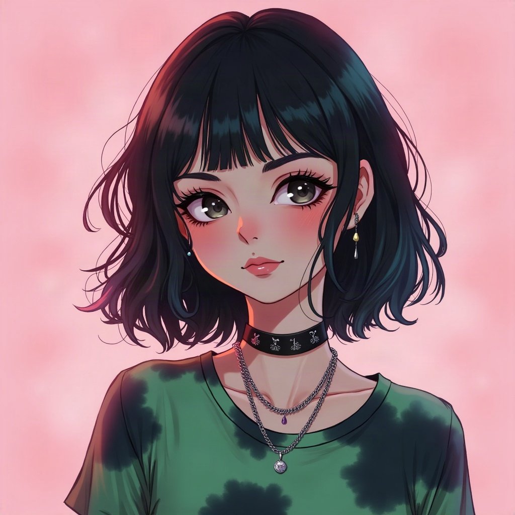 egirl pfp — green and black split-dye, chain choker necklace, soft pink glow background