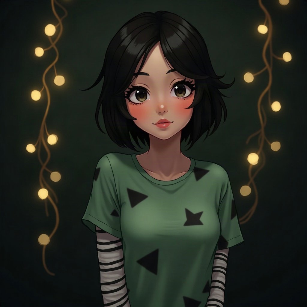 egirl pfp — green and black split-dye, striped arm warmers visible, dark room with fairy lights bokeh