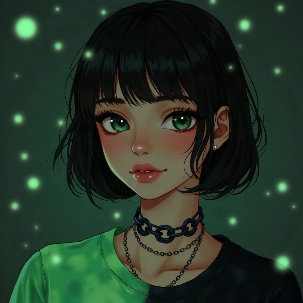 egirl pfp — green and black split-dye, chain choker necklace, dark room with fairy lights bokeh