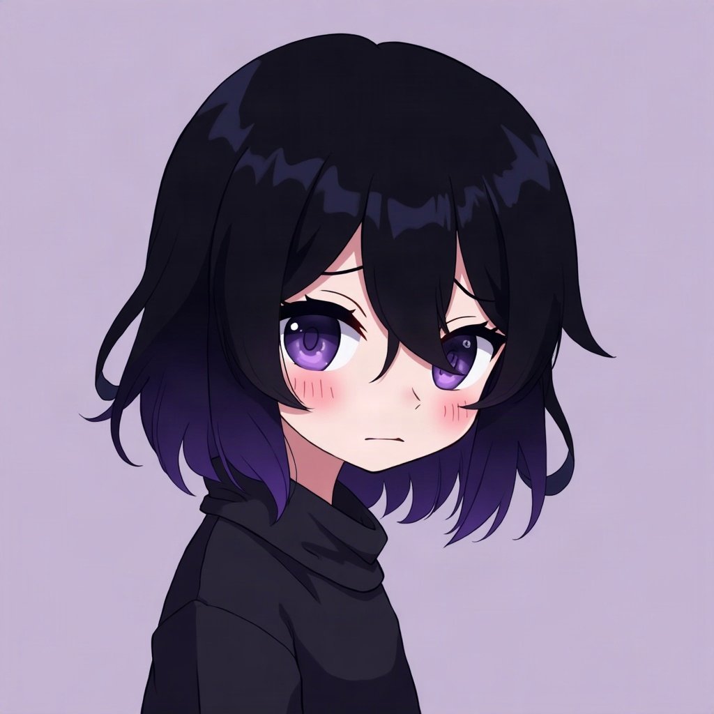 emo pfp — black hair with purple tips, soft sad half-smile, deep purple gradient