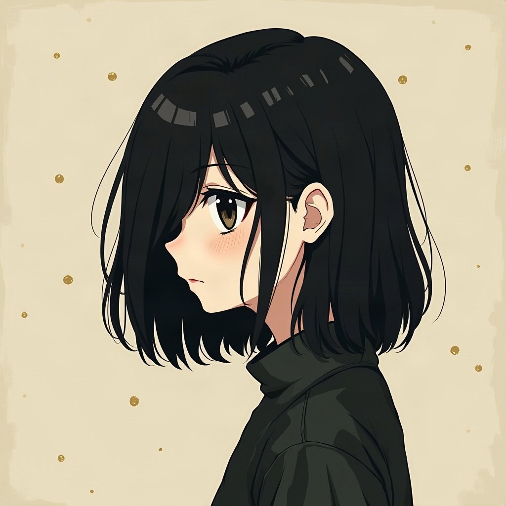 emo pfp — jet black side-swept fringe, distant moody stare, band-poster style wall