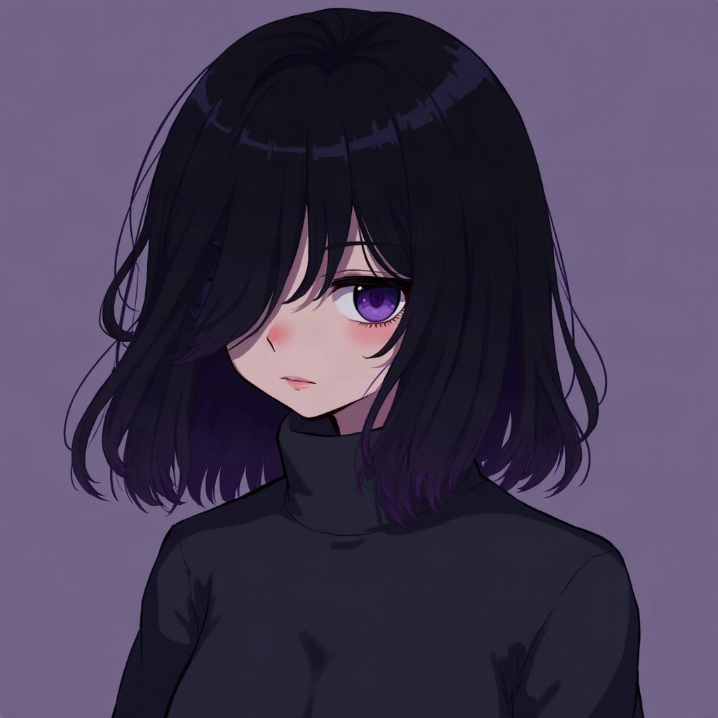 emo pfp — black hair with purple tips, distant moody stare, deep purple gradient