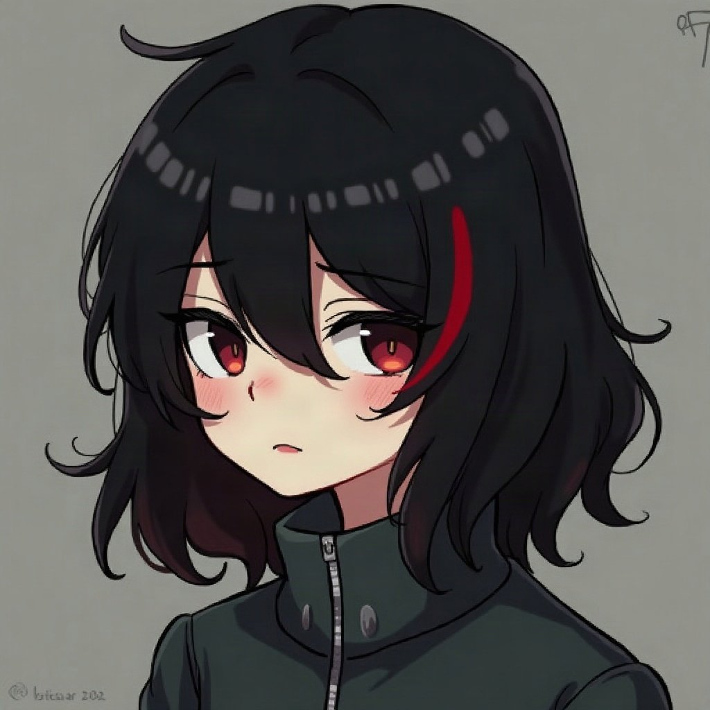 emo pfp — black hair with red streak, distant moody stare, dark grey grunge texture