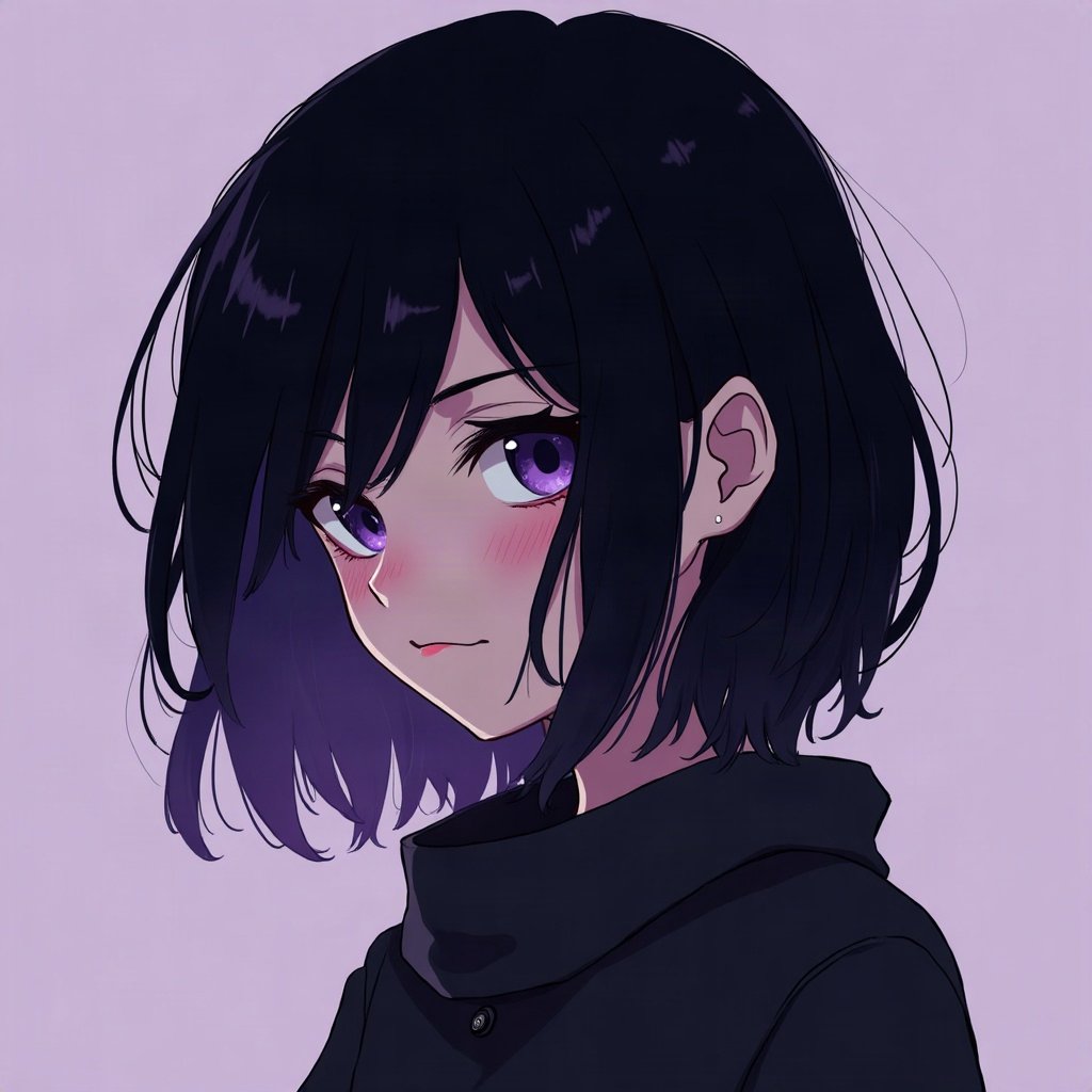 emo pfp — black hair with purple tips, distant moody stare, deep purple gradient
