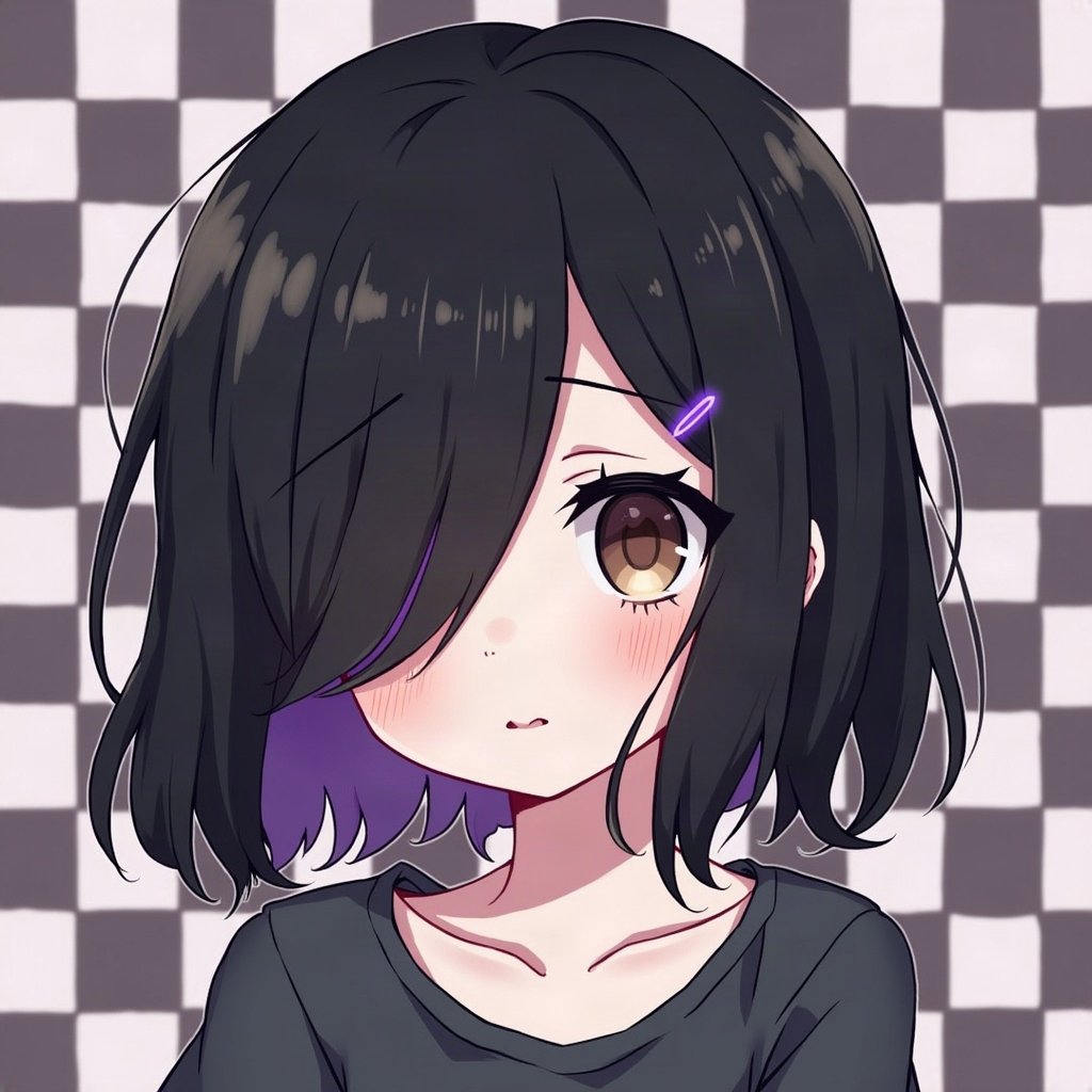emo pfp — black hair with purple tips, soft sad half-smile, checkerboard pattern background