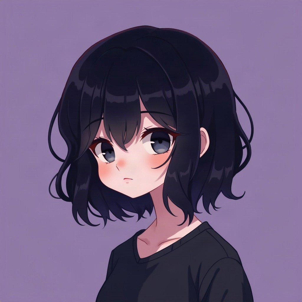 emo pfp — choppy dark layered hair, soft sad half-smile, deep purple gradient