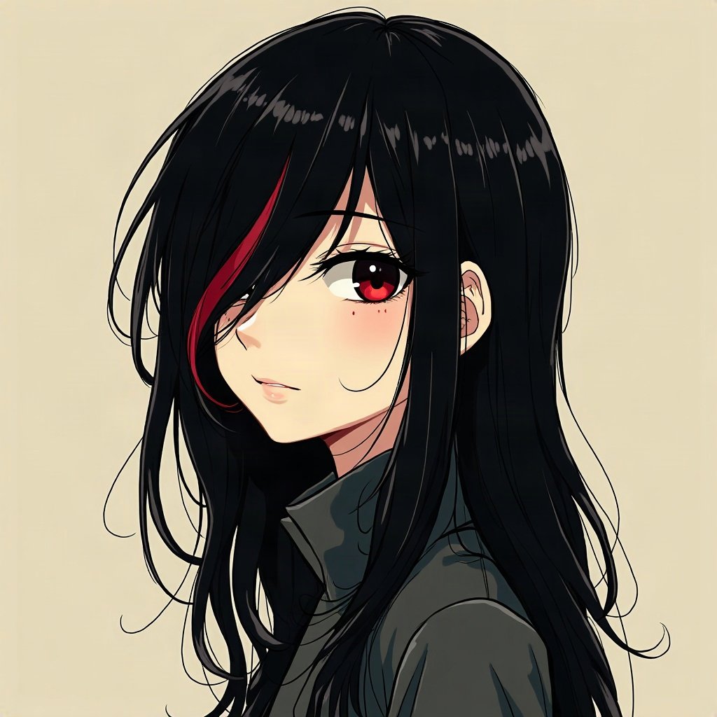 emo pfp — black hair with red streak, distant moody stare, band-poster style wall