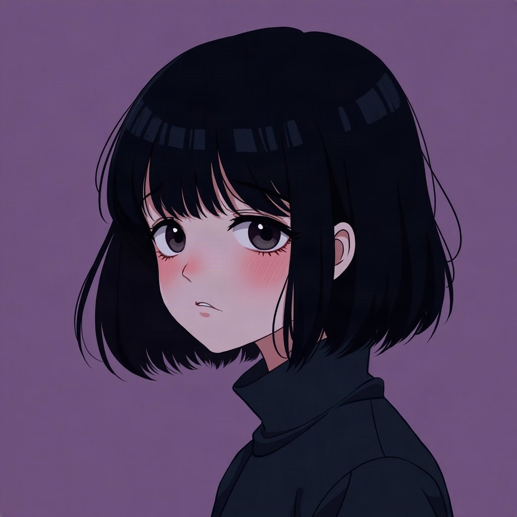 emo pfp — jet black side-swept fringe, soft sad half-smile, deep purple gradient