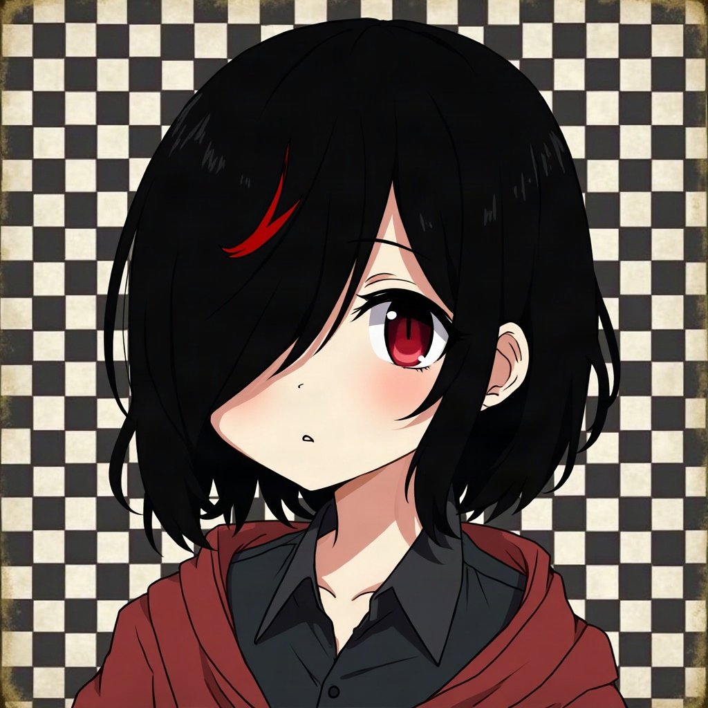 emo pfp — black hair with red streak, distant moody stare, checkerboard pattern background