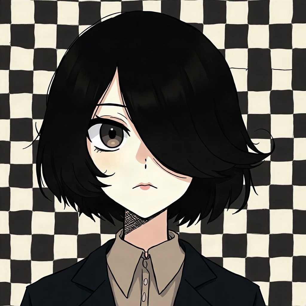emo pfp — jet black side-swept fringe, distant moody stare, checkerboard pattern background
