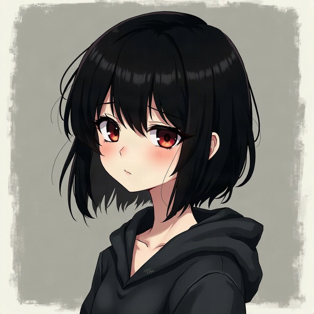 emo pfp — black hair with red streak, soft sad half-smile, dark grey grunge texture