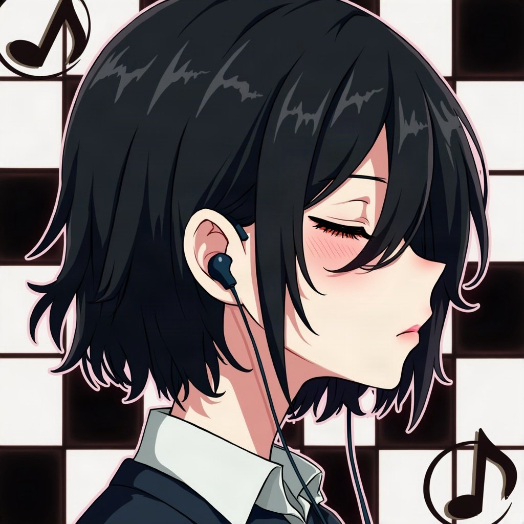 emo pfp — jet black side-swept fringe, eyes closed listening to music with earbuds, checkerboard pattern background