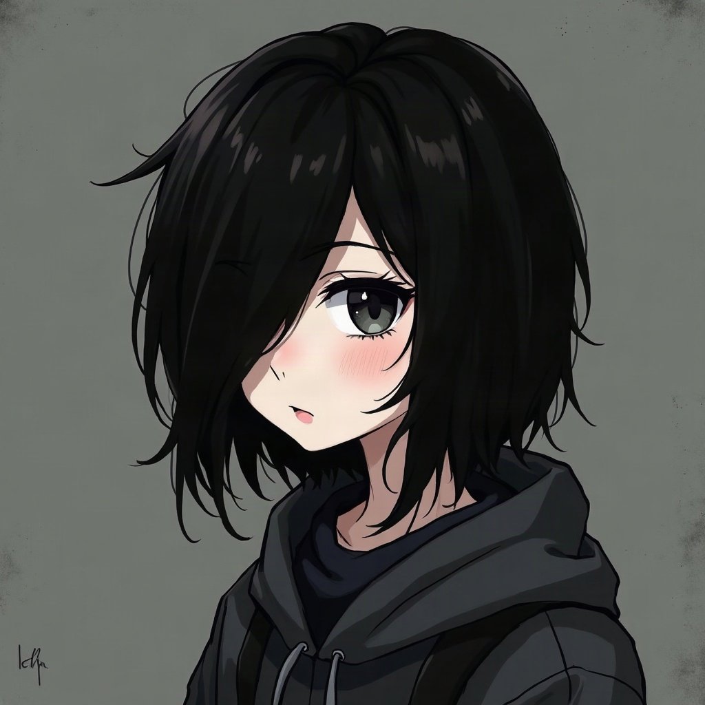 emo pfp — jet black side-swept fringe, distant moody stare, dark grey grunge texture