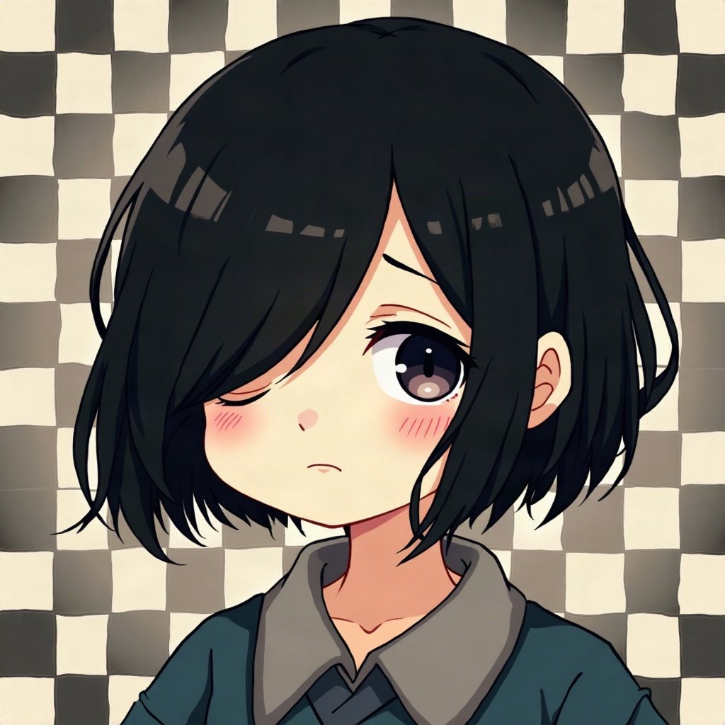 emo pfp — jet black side-swept fringe, soft sad half-smile, checkerboard pattern background